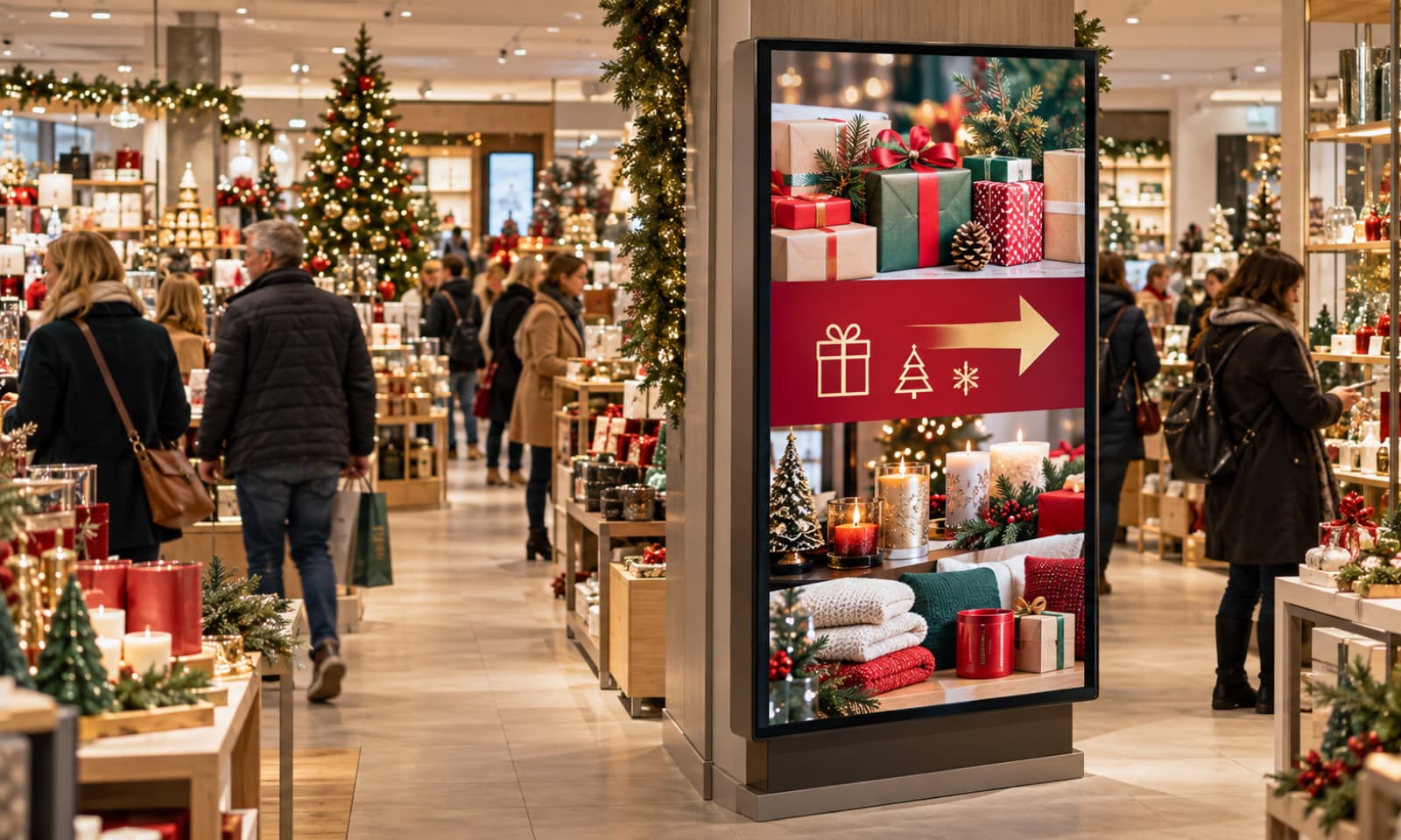 Digital signage displaying Christmas gifts and a directional arrow in a festive retail store, with customers browsing nearby.