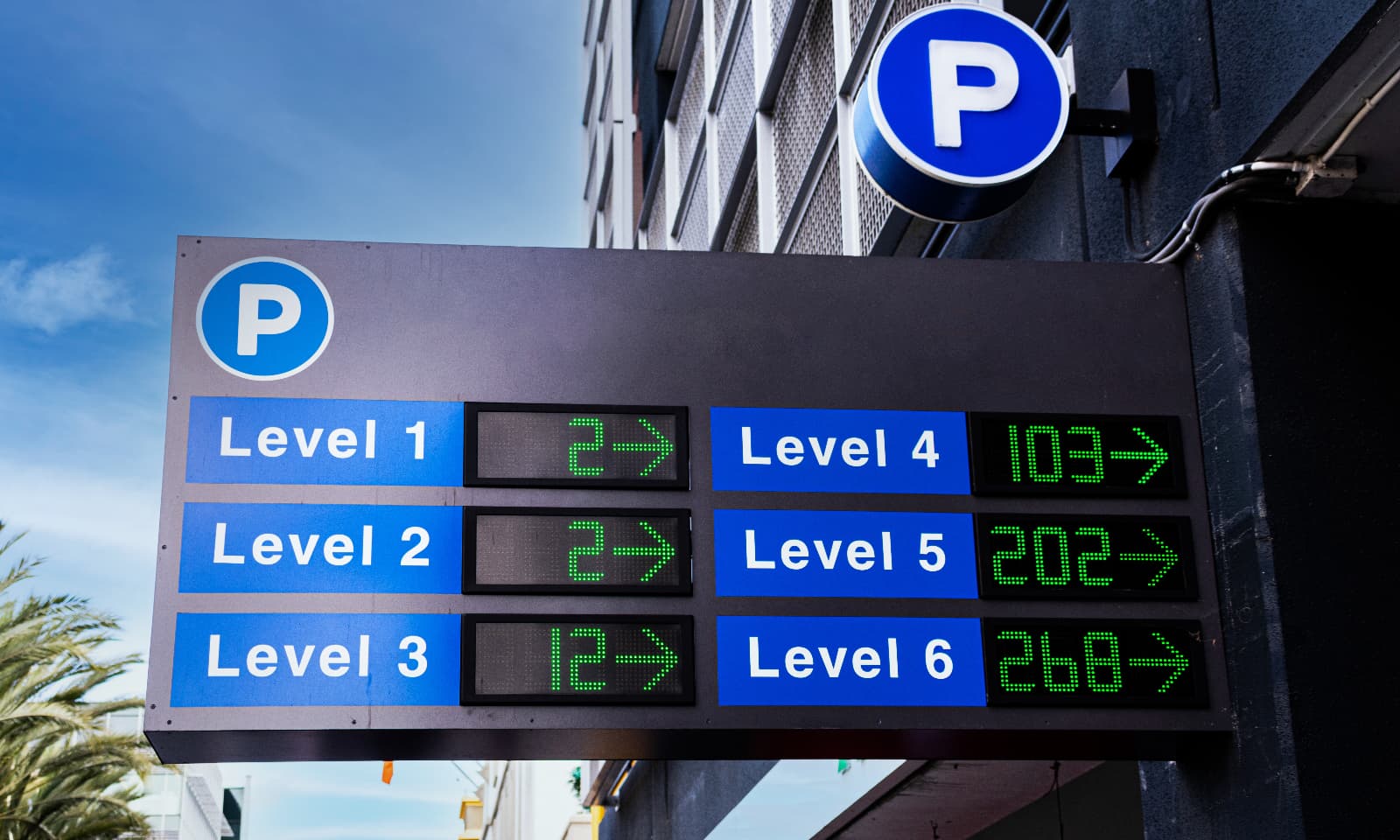 led signage indicating parking spaces left