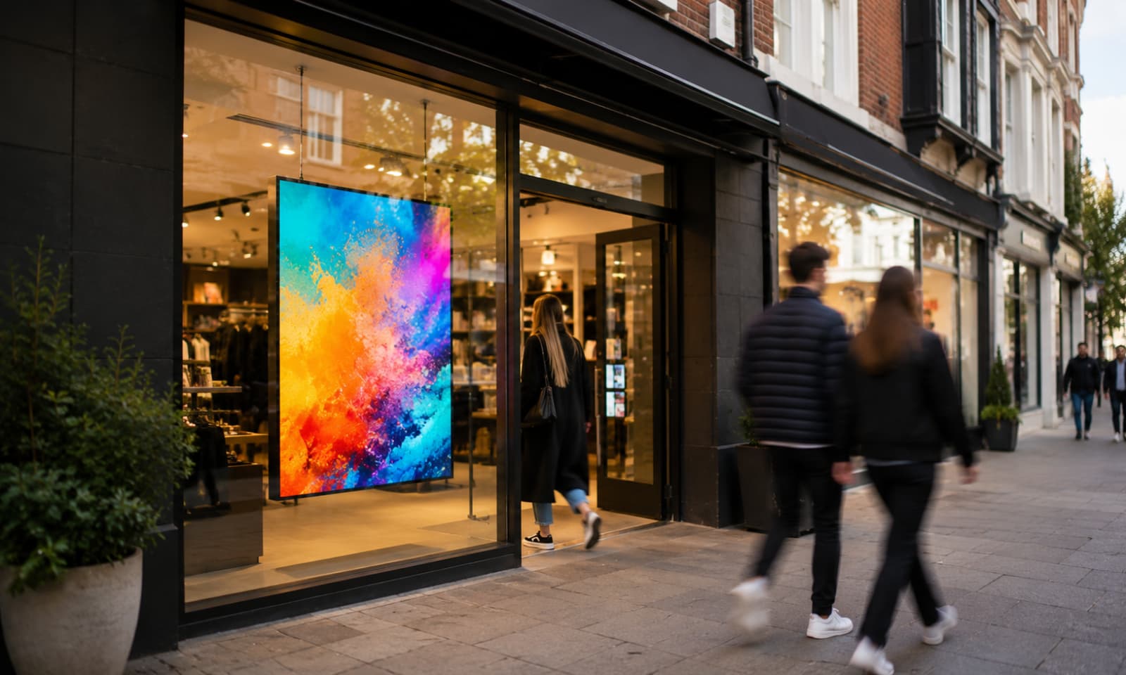 Modern independent retail shop with a bright digital window display attracting shoppers on a busy UK high street, showcasing vibrant promotional graphics to increase visibility and encourage customers into the store.