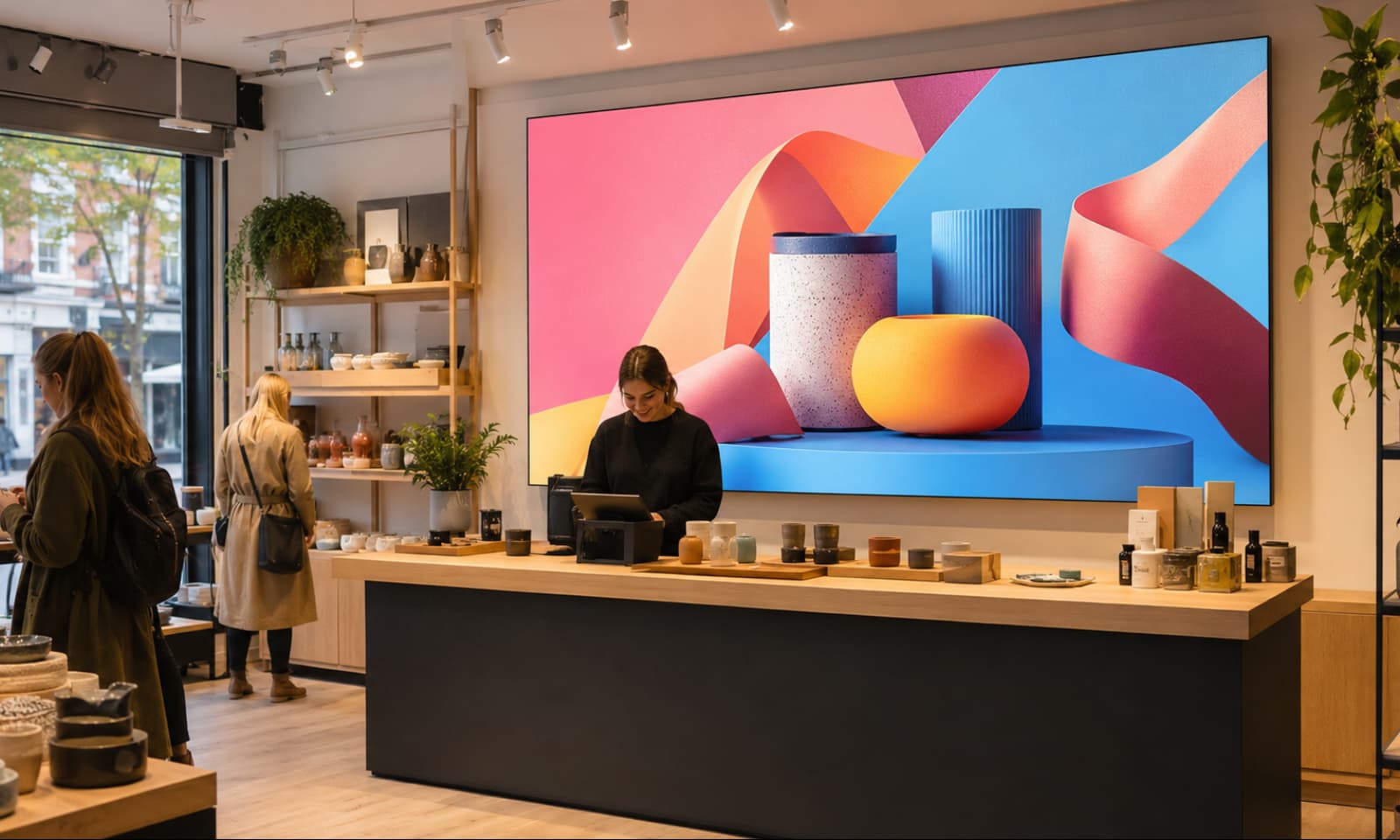 Large digital display showing colourful product imagery above the counter in a modern retail store.